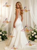 White Satin Lace Straps Wedding Dress