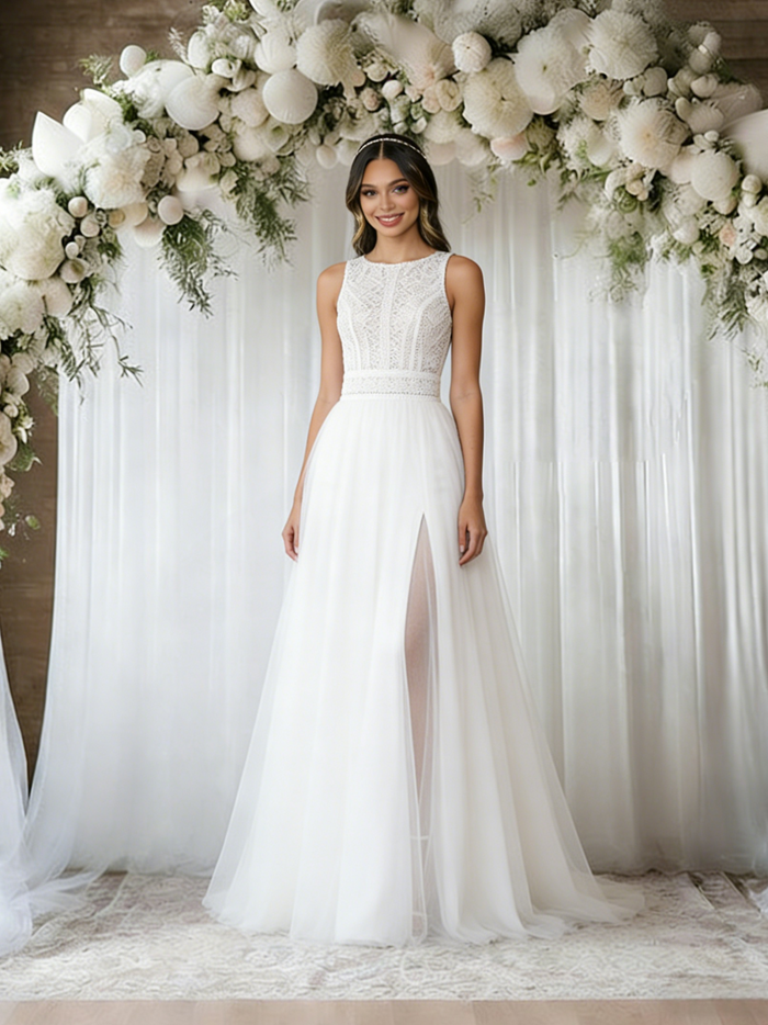 White Tulle Lace Split Wedding Dress