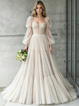 Ivory Tulle Long Sleeve Pleats Wedding Dress
