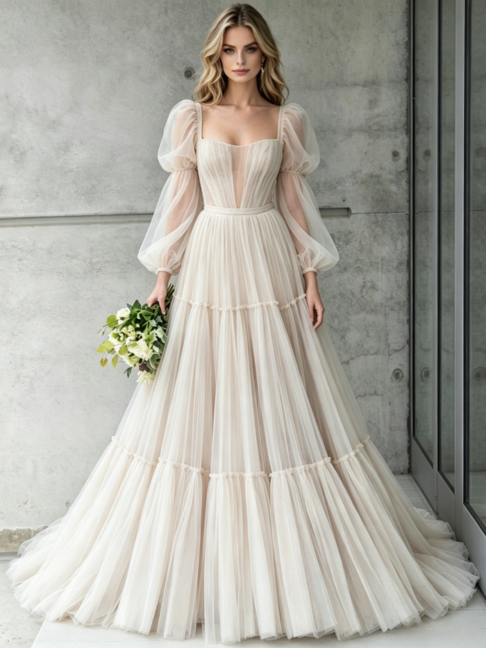 Ivory Tulle Long Sleeve Pleats Wedding Dress