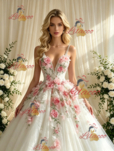 White Tulle Lace Straps 3D Appliques Wedding Dress
