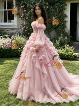 Pink Tulle Long Sleeve 3D Flower Quinceanera Dress