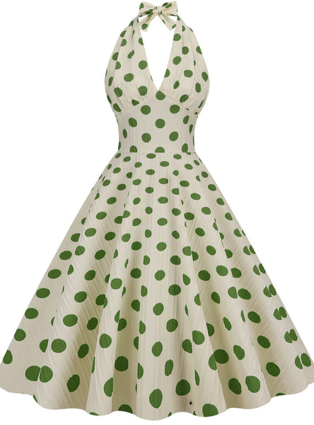 High Waist Polka-dot Halter Dress