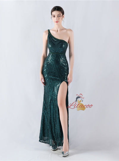 Mermaid Sequins One Shoulder Beading Prom Dress