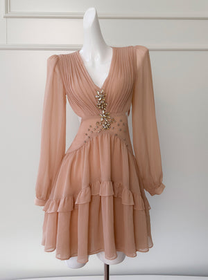 Champagne Long Sleeve V-neck Dress