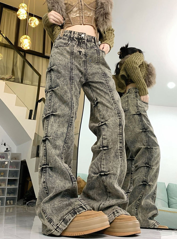 Retro Pleated Micro-pull Jeans Pant