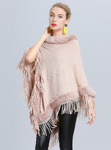 Jacquard Pearl Fringed Fur Collar Shawl Cloak