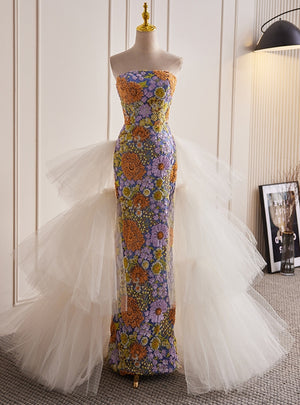 Mermaid Flower Sequins Strapless Tulle Prom Dress