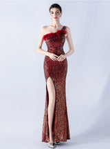 Mermais Sequins One Shoulder Split Prom Dress