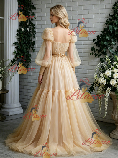 Champagne Tulle Long Sleeve Pleats Prom Dress