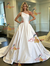 White Satin One Shoulder Wedding Dress