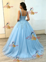 Blue Tulle Straps Appliques Quinceanera Dress