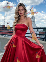 Red Satin Strapless Prom Dress