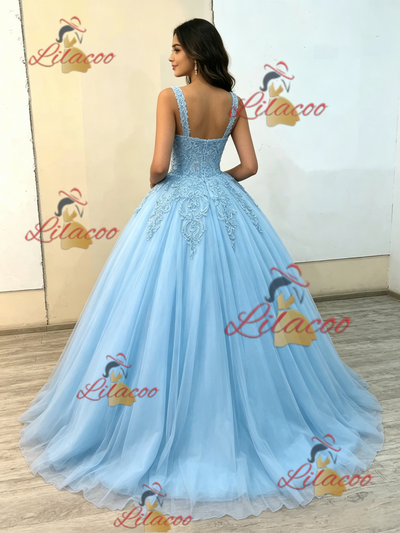 Blue Tulle Straps Appliques Quinceanera Dress