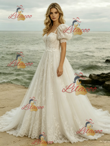 White Tulle Tulle Puff Sleeve Wedding Dress