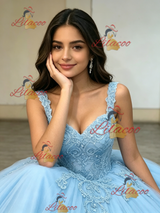 Blue Tulle Straps Appliques Quinceanera Dress