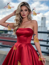 Red Satin Strapless Prom Dress
