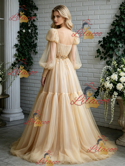 Champagne Tulle Long Sleeve Pleats Prom Dress