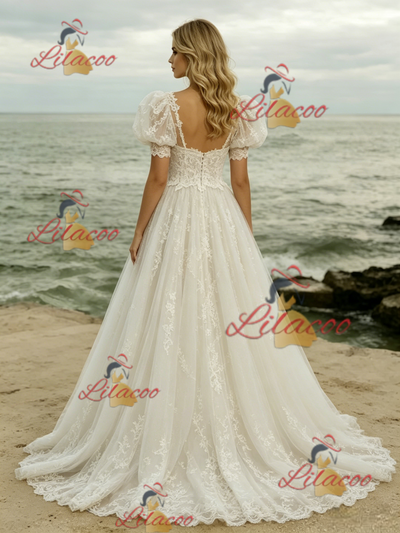 White Tulle Tulle Puff Sleeve Wedding Dress