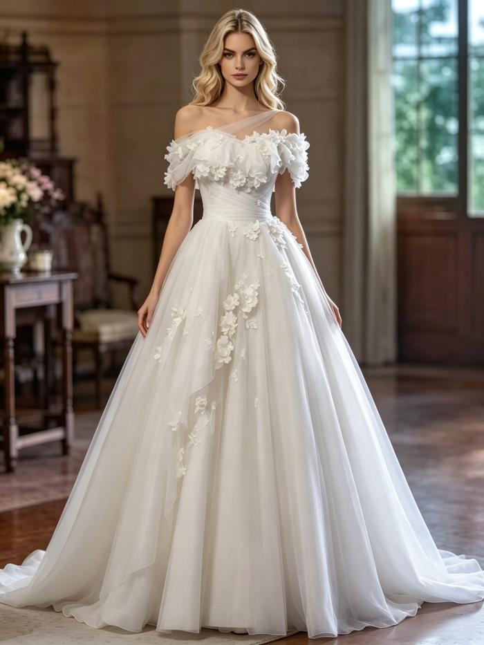 White Tulle One Shoulder Appliques Weding Dress