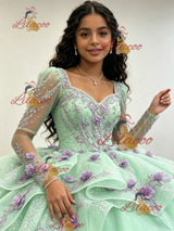 Green Tulle Long Sleeve 3D Flower Quinceanera Dress