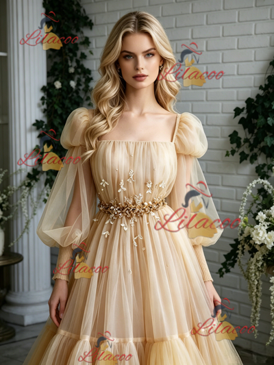 Champagne Tulle Long Sleeve Pleats Prom Dress