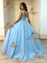 Blue Tulle Straps Appliques Quinceanera Dress