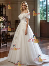 White Tulle One Shoulder Appliques Weding Dress