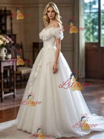 White Tulle One Shoulder Appliques Weding Dress