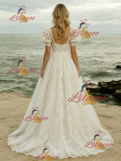 White Tulle Tulle Puff Sleeve Wedding Dress