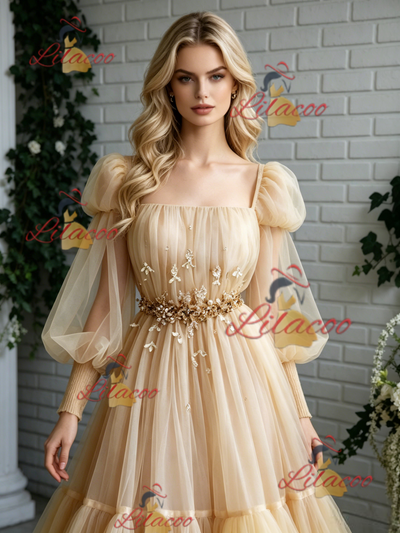 Champagne Tulle Long Sleeve Pleats Prom Dress