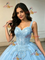 Blue Tulle Straps Appliques Quinceanera Dress