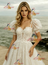 White Tulle Tulle Puff Sleeve Wedding Dress