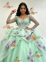 Green Tulle Long Sleeve 3D Flower Quinceanera Dress