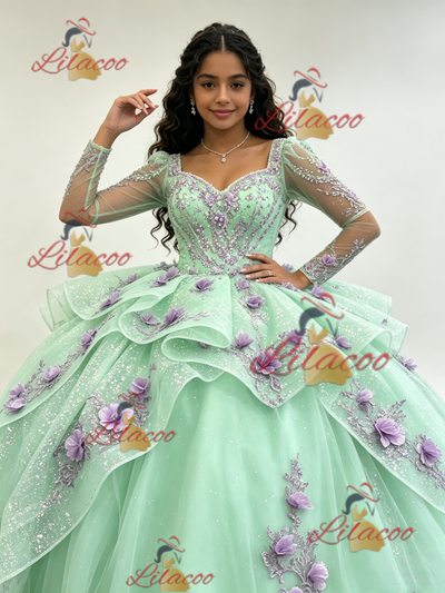 Green Tulle Long Sleeve 3D Flower Quinceanera Dress