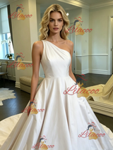 White Satin One Shoulder Wedding Dress