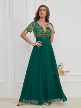 Green Chiffon Sequins V-neck Short Sleeve Prom Dress