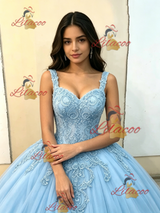 Blue Tulle Straps Appliques Quinceanera Dress