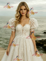 White Tulle Tulle Puff Sleeve Wedding Dress