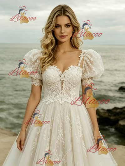 White Tulle Tulle Puff Sleeve Wedding Dress