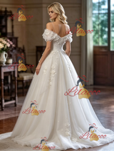 White Tulle One Shoulder Appliques Weding Dress