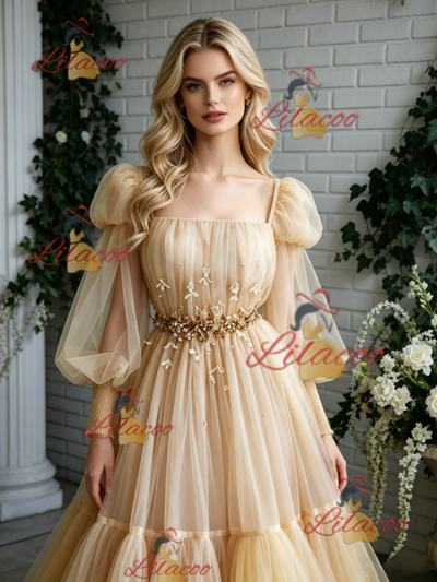 Champagne Tulle Long Sleeve Pleats Prom Dress