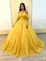 Yellow Tulle Off the Shoulder Appliques Quinceanera Dress