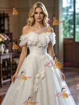 White Tulle One Shoulder Appliques Weding Dress