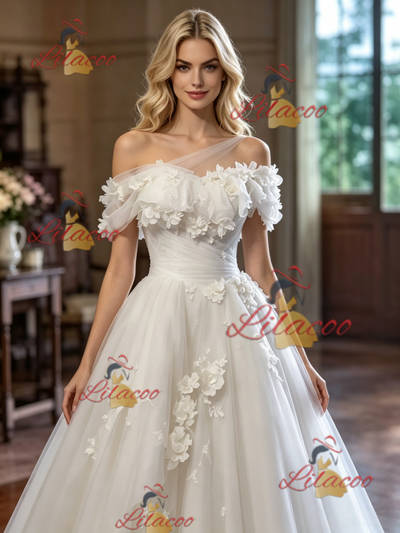 White Tulle One Shoulder Appliques Weding Dress