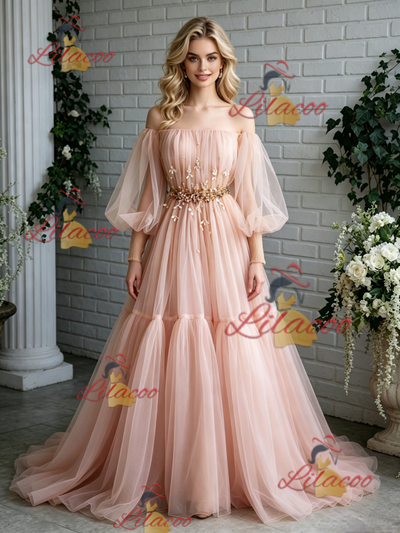 Pink Tulle Off the Shoulder Puff Sleeve Prom Dress