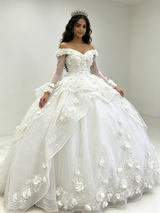 White Tulle Long Sleeve 3D Flower Quinceanera Dress