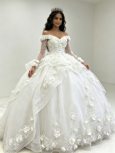 White Tulle Long Sleeve 3D Flower Quinceanera Dress