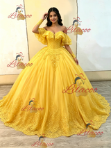 Yellow Tulle Off the Shoulder Appliques Quinceanera Dress