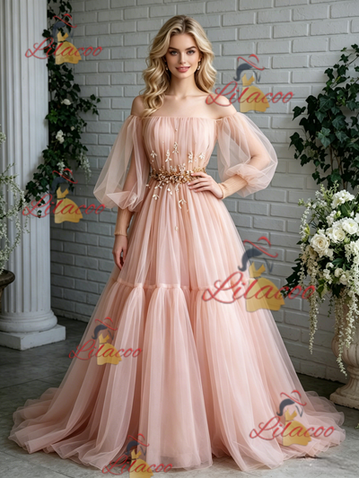 Pink Tulle Off the Shoulder Puff Sleeve Prom Dress